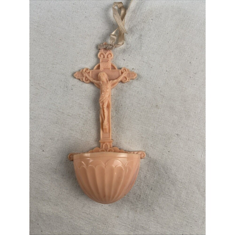 Vintage Wall-Mounted Holy Water Font Jesus On Cross & INRI Religious Catholic 6"